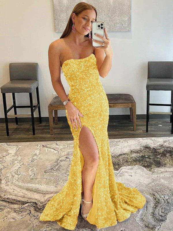 Sheath/Column Velvet Sequins Ruffles Strapless Sleeveless Sweep/Brush Train Prom Dress