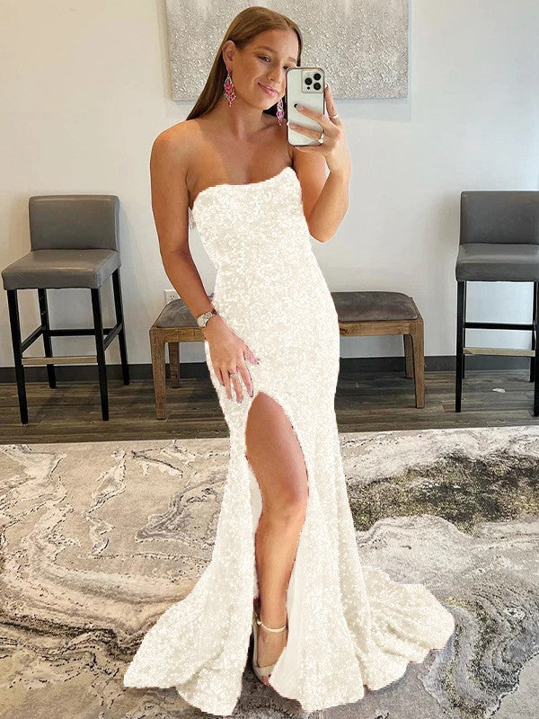 Sheath/Column Velvet Sequins Ruffles Strapless Sleeveless Sweep/Brush Train Prom Dress