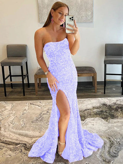 Sheath/Column Velvet Sequins Ruffles Strapless Sleeveless Sweep/Brush Train Prom Dress