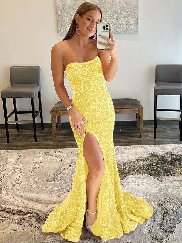 Sheath/Column Velvet Sequins Ruffles Strapless Sleeveless Sweep/Brush Train Prom Dress