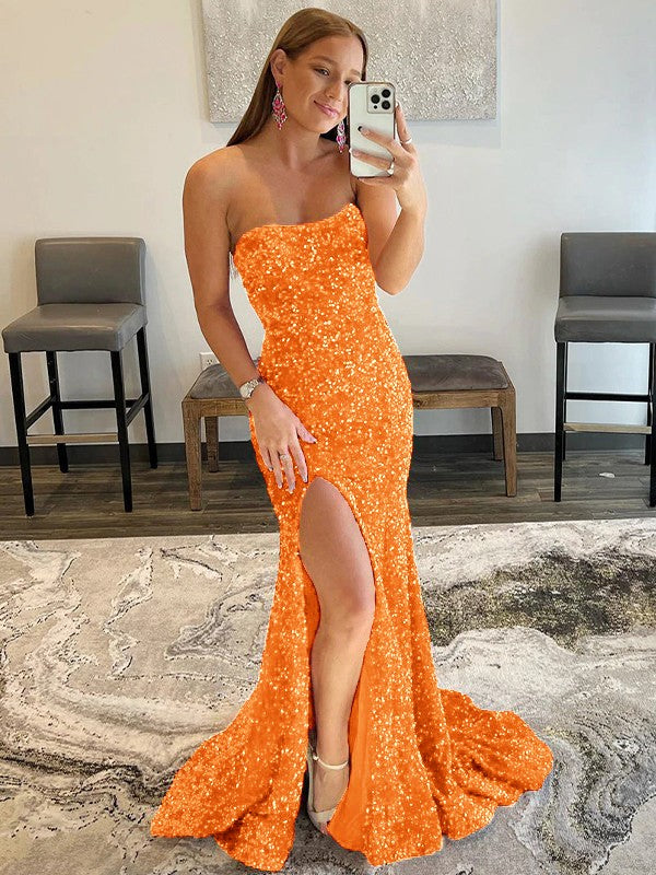 Sheath/Column Velvet Sequins Ruffles Strapless Sleeveless Sweep/Brush Train Prom Dress