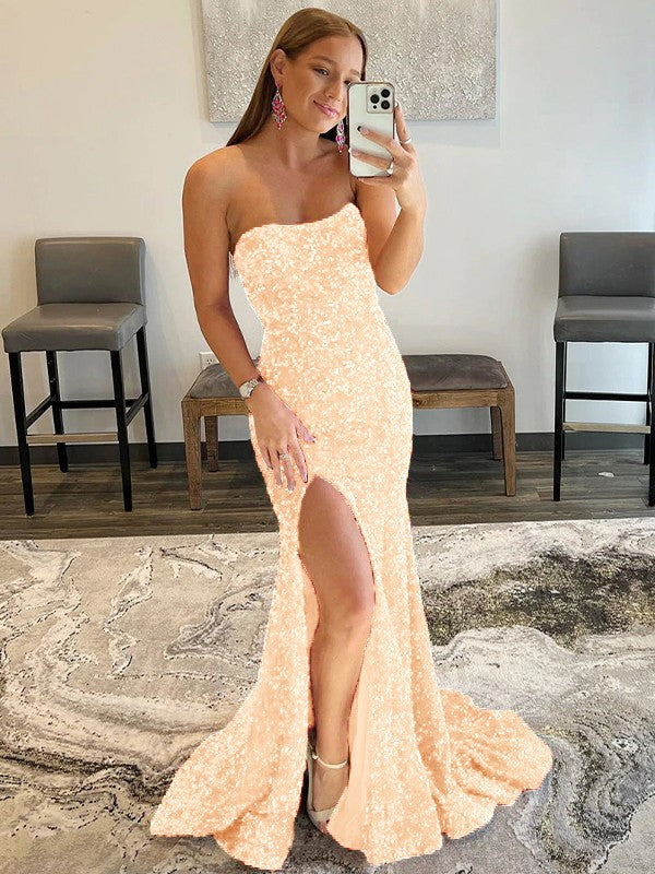 Sheath/Column Velvet Sequins Ruffles Strapless Sleeveless Sweep/Brush Train Prom Dress