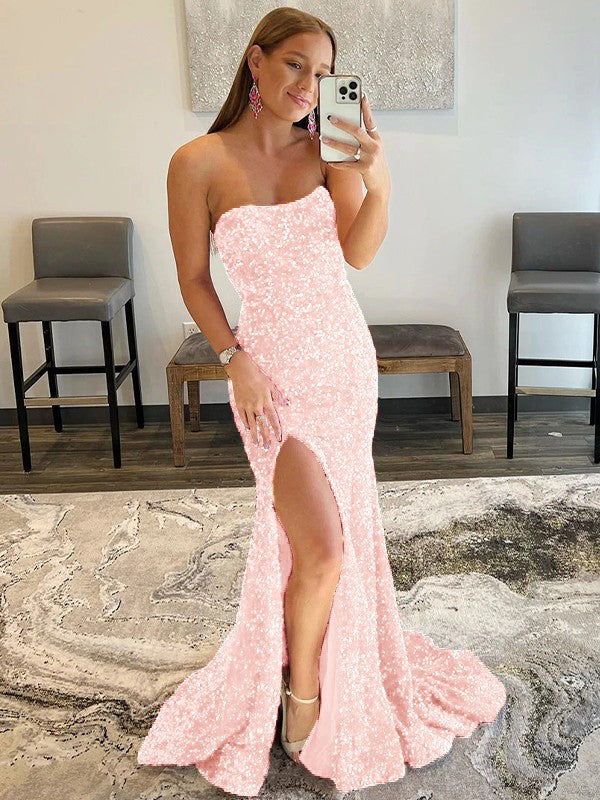 Sheath/Column Velvet Sequins Ruffles Strapless Sleeveless Sweep/Brush Train Prom Dress
