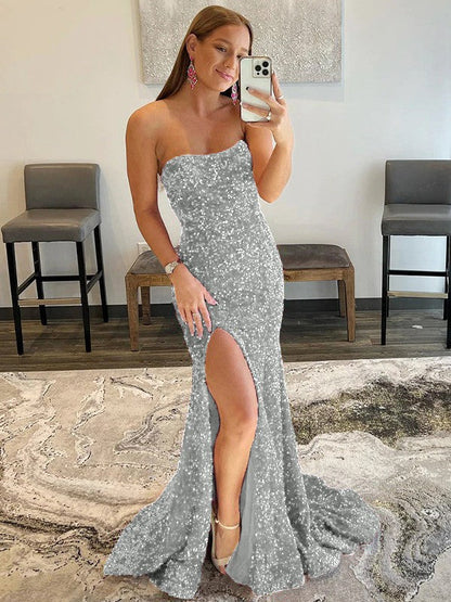 Sheath/Column Velvet Sequins Ruffles Strapless Sleeveless Sweep/Brush Train Prom Dress