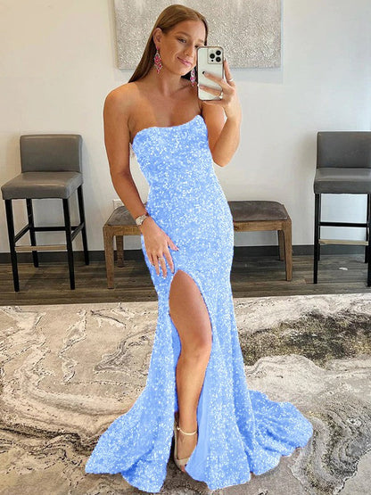 Sheath/Column Velvet Sequins Ruffles Strapless Sleeveless Sweep/Brush Train Prom Dress