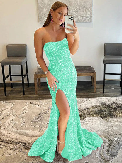 Sheath/Column Velvet Sequins Ruffles Strapless Sleeveless Sweep/Brush Train Prom Dress