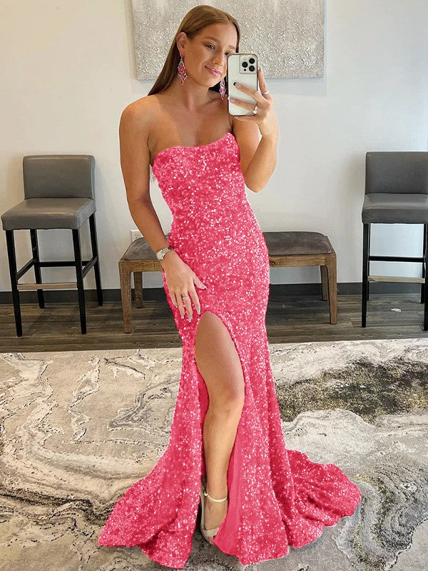 Sheath/Column Velvet Sequins Ruffles Strapless Sleeveless Sweep/Brush Train Prom Dress