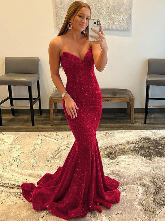 Sheath/Column Velvet Sequins Ruffles Sweetheart Sleeveless Sweep/Brush Train Prom Dress