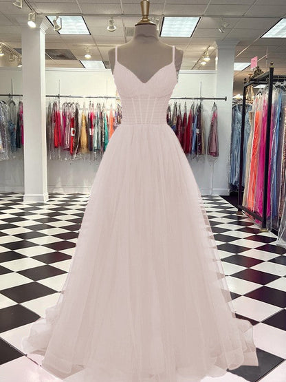 A-Line/Princess Tulle Ruffles V-neck Sleeveless Sweep/Brush Train Prom Dress