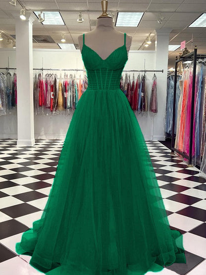 A-Line/Princess Tulle Ruffles V-neck Sleeveless Sweep/Brush Train Prom Dress