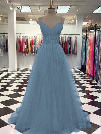 A-Line/Princess Tulle Ruffles V-neck Sleeveless Sweep/Brush Train Prom Dress
