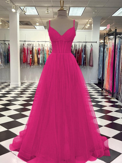 A-Line/Princess Tulle Ruffles V-neck Sleeveless Sweep/Brush Train Prom Dress