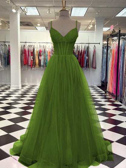A-Line/Princess Tulle Ruffles V-neck Sleeveless Sweep/Brush Train Prom Dress