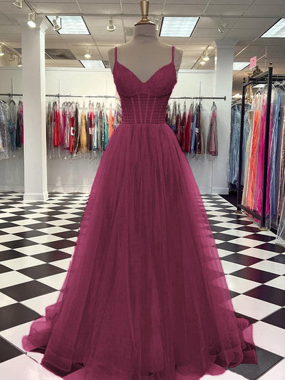 A-Line/Princess Tulle Ruffles V-neck Sleeveless Sweep/Brush Train Prom Dress