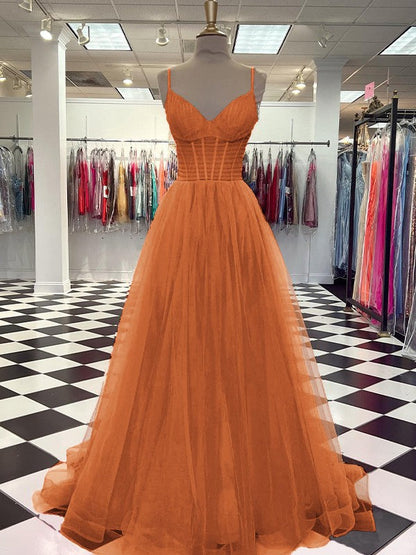 A-Line/Princess Tulle Ruffles V-neck Sleeveless Sweep/Brush Train Prom Dress