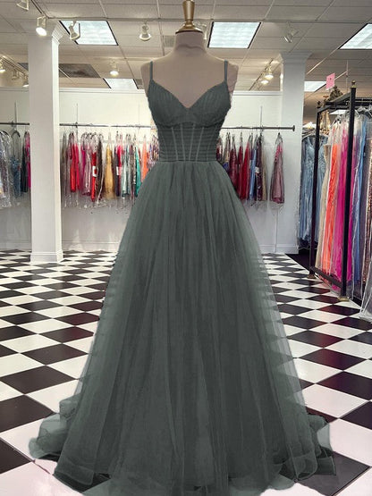 A-Line/Princess Tulle Ruffles V-neck Sleeveless Sweep/Brush Train Prom Dress