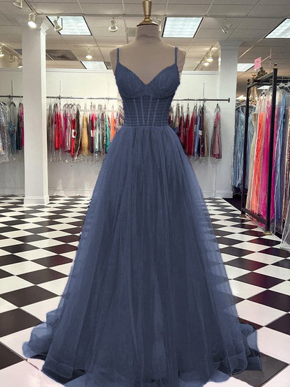 A-Line/Princess Tulle Ruffles V-neck Sleeveless Sweep/Brush Train Prom Dress
