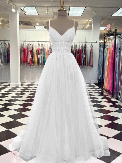 A-Line/Princess Tulle Ruffles V-neck Sleeveless Sweep/Brush Train Prom Dress
