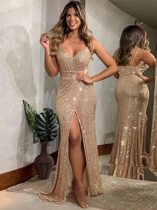 Sheath/Column Sequins Ruched V-neck Sleeveless Sweep/Brush Train Prom Dress