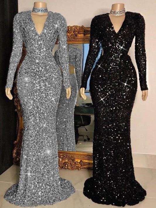 Sheath/Column Velvet Sequins Ruched V-neck Long Sleeves Sweep/Brush Train Prom Dress