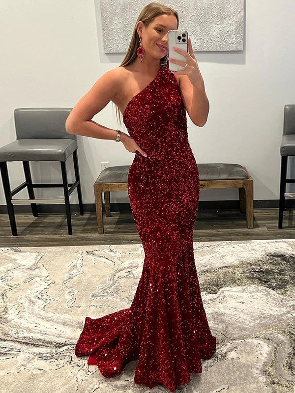 Sheath/Column Velvet Sequins Ruffles One-Shoulder Sleeveless Sweep/Brush Train Prom Dress