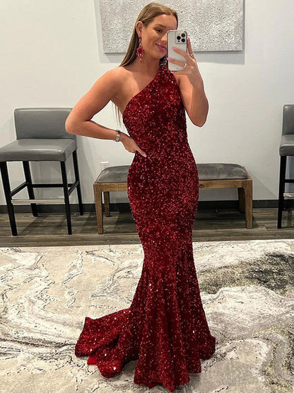 Sheath/Column Velvet Sequins Ruffles One-Shoulder Sleeveless Sweep/Brush Train Prom Dress