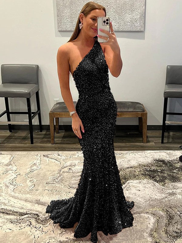 Sheath/Column Velvet Sequins Ruffles One-Shoulder Sleeveless Sweep/Brush Train Prom Dress