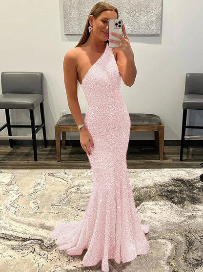 Sheath/Column Velvet Sequins Ruffles One-Shoulder Sleeveless Sweep/Brush Train Prom Dress