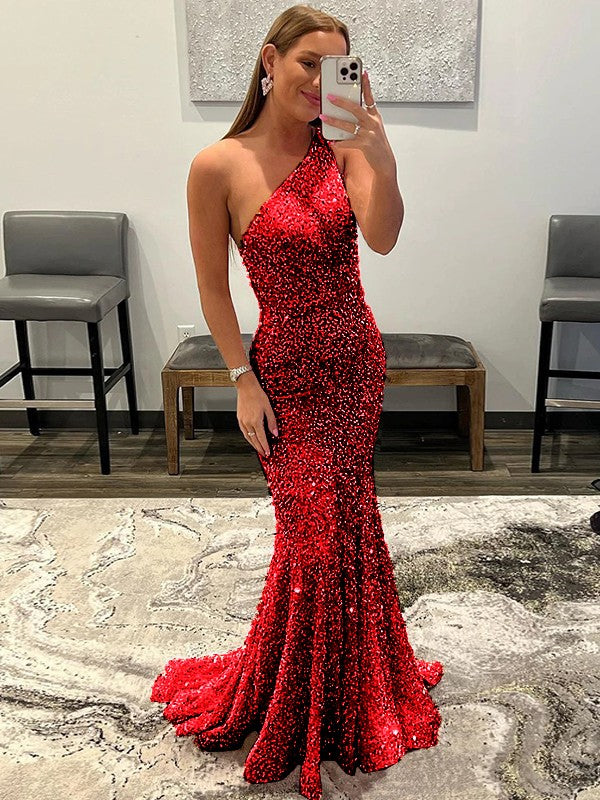 Sheath/Column Velvet Sequins Ruffles One-Shoulder Sleeveless Sweep/Brush Train Prom Dress
