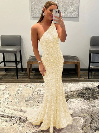 Sheath/Column Velvet Sequins Ruffles One-Shoulder Sleeveless Sweep/Brush Train Prom Dress