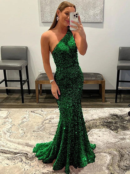 Sheath/Column Velvet Sequins Ruffles One-Shoulder Sleeveless Sweep/Brush Train Prom Dress
