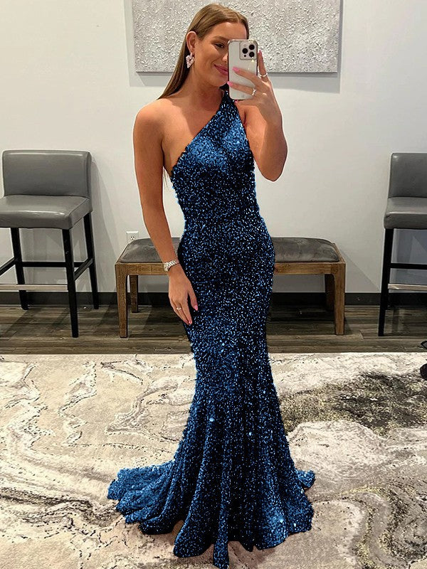 Sheath/Column Velvet Sequins Ruffles One-Shoulder Sleeveless Sweep/Brush Train Prom Dress