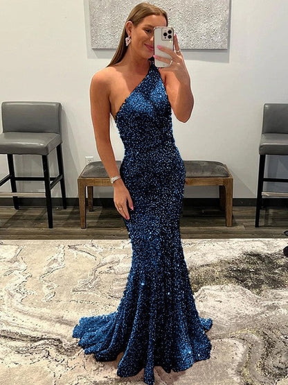 Sheath/Column Velvet Sequins Ruffles One-Shoulder Sleeveless Sweep/Brush Train Prom Dress