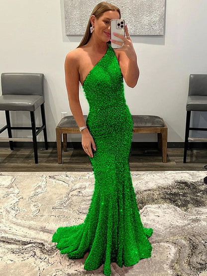 Sheath/Column Velvet Sequins Ruffles One-Shoulder Sleeveless Sweep/Brush Train Prom Dress