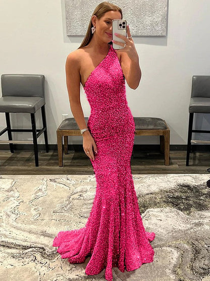 Sheath/Column Velvet Sequins Ruffles One-Shoulder Sleeveless Sweep/Brush Train Prom Dress