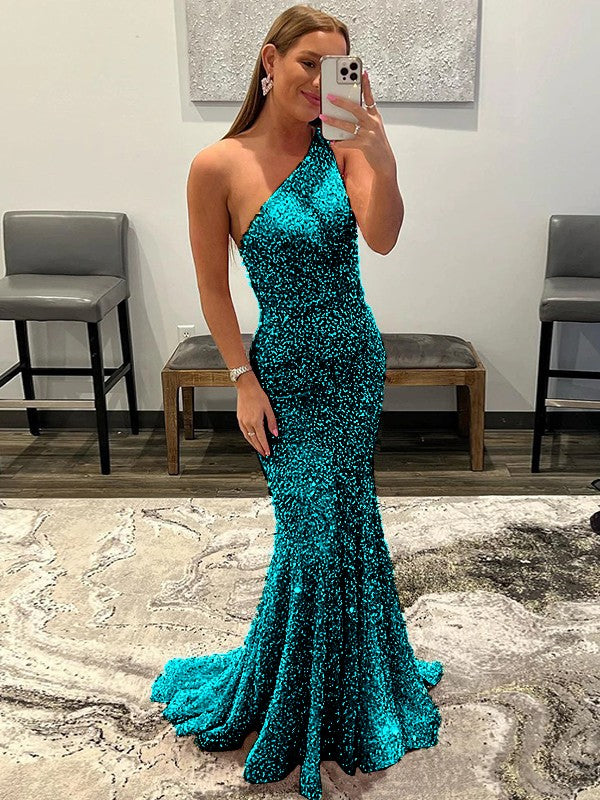 Sheath/Column Velvet Sequins Ruffles One-Shoulder Sleeveless Sweep/Brush Train Prom Dress