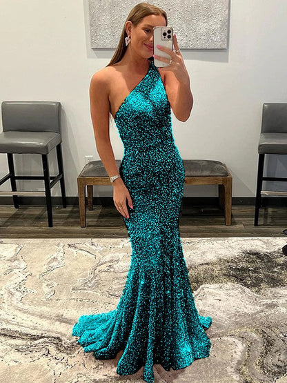 Sheath/Column Velvet Sequins Ruffles One-Shoulder Sleeveless Sweep/Brush Train Prom Dress
