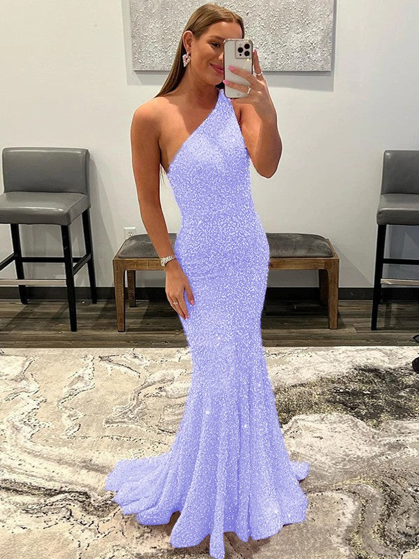 Sheath/Column Velvet Sequins Ruffles One-Shoulder Sleeveless Sweep/Brush Train Prom Dress