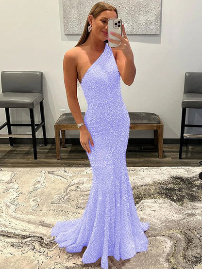 Sheath/Column Velvet Sequins Ruffles One-Shoulder Sleeveless Sweep/Brush Train Prom Dress
