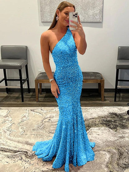Sheath/Column Velvet Sequins Ruffles One-Shoulder Sleeveless Sweep/Brush Train Prom Dress