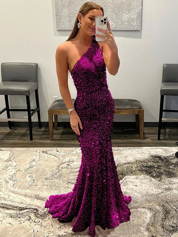 Sheath/Column Velvet Sequins Ruffles One-Shoulder Sleeveless Sweep/Brush Train Prom Dress