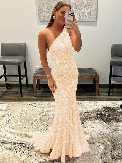 Sheath/Column Velvet Sequins Ruffles One-Shoulder Sleeveless Sweep/Brush Train Prom Dress