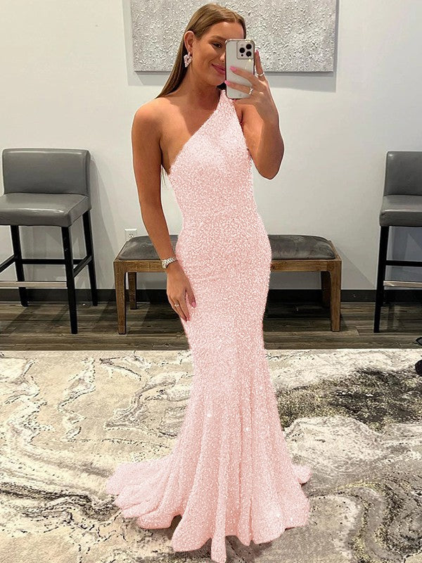 Sheath/Column Velvet Sequins Ruffles One-Shoulder Sleeveless Sweep/Brush Train Prom Dress