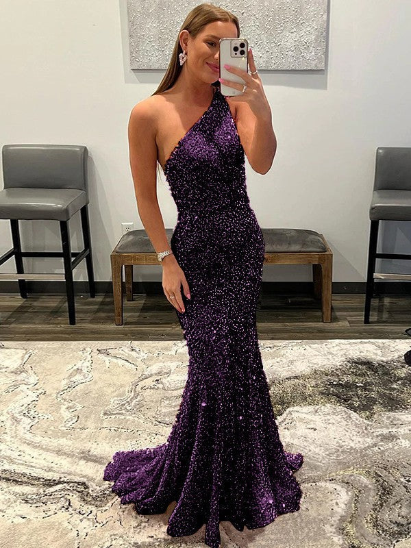Sheath/Column Velvet Sequins Ruffles One-Shoulder Sleeveless Sweep/Brush Train Prom Dress