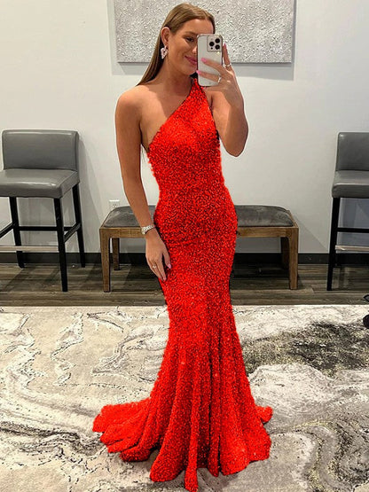 Sheath/Column Velvet Sequins Ruffles One-Shoulder Sleeveless Sweep/Brush Train Prom Dress