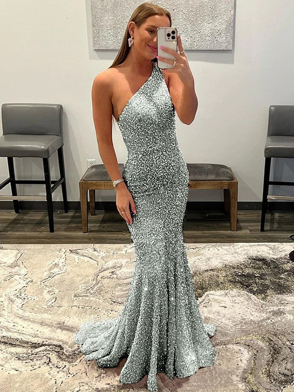 Sheath/Column Velvet Sequins Ruffles One-Shoulder Sleeveless Sweep/Brush Train Prom Dress
