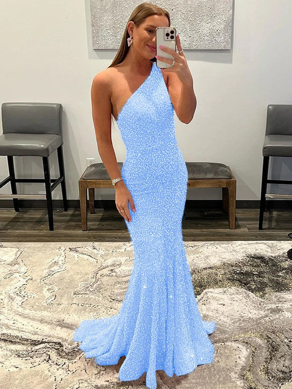 Sheath/Column Velvet Sequins Ruffles One-Shoulder Sleeveless Sweep/Brush Train Prom Dress