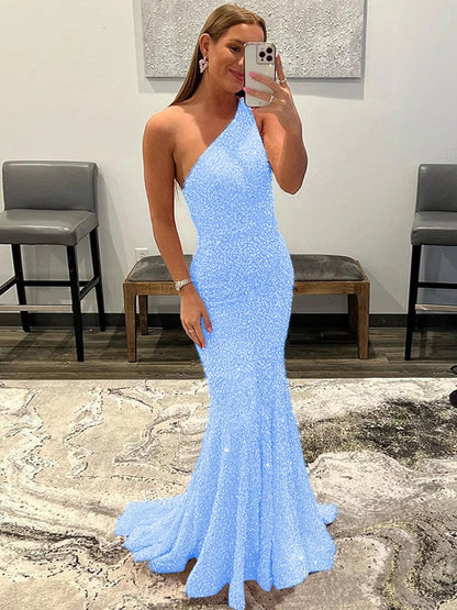 Sheath/Column Velvet Sequins Ruffles One-Shoulder Sleeveless Sweep/Brush Train Prom Dress