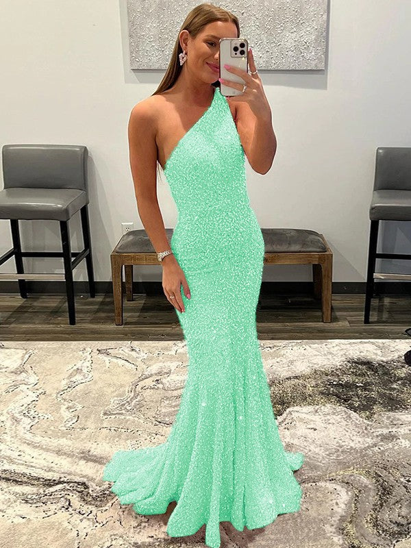 Sheath/Column Velvet Sequins Ruffles One-Shoulder Sleeveless Sweep/Brush Train Prom Dress