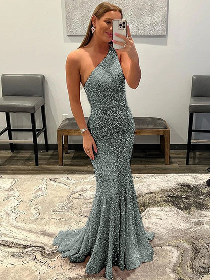 Sheath/Column Velvet Sequins Ruffles One-Shoulder Sleeveless Sweep/Brush Train Prom Dress